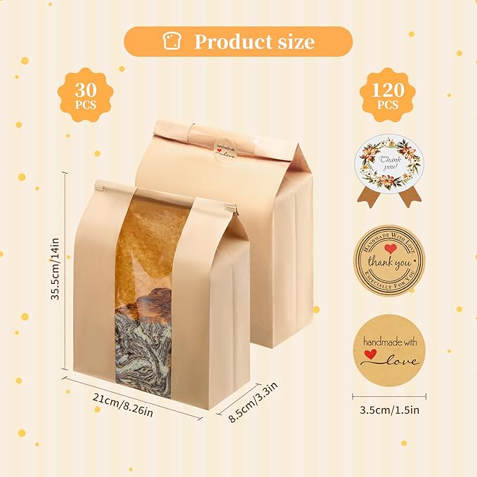 30 Pack Kraft Paper Bread Loaf Bags with Tin Tie Tab Lock, for Homemade Bread Loaf Bags 14" x 8.3" x 3.5", Sourdough Bread Bags with Clear Front Window for Baked Food Storage (30 Pack) | 30 Pack Bread Bags, Clear Front Window, 14" x 8.3" x 3.5", Tin Ti...