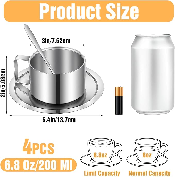4 Pack Stainless Steel Coffee Mug Set, 6.8 Oz Espresso Cup with Saucer and Spoon, Double Walled Insulated Stainless Steel Coffee Cup for Latte, Cappuccino, Milk, Tea, Silver