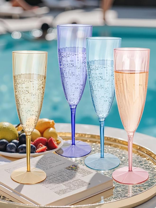 WDF 12PCS Colorful Plastic Champagne Flutes - 6 OZ Colorful Disposable Champagne Flutes - Perfect for Wedding Parties Birthday Valentines Day (Pack of 2)