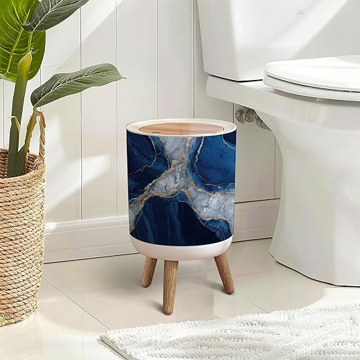 Trash Can with Lid close up view luxurious deep blue marble surface featuring intricate Press Top Round Small Garbage Bin with Wooden Legs Waste Basket for Kitchen Bedroom Nursery 7L/1.8 Gallon