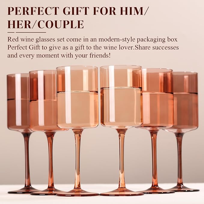 Brown Colored Square Wine Glasses Set of 6, 14oz【Hand Blown】 Amber Crystal Venus Wine Glasses with Long Stem - Melanin Wine Glasse Gifts for Christmas Home Dinner Party