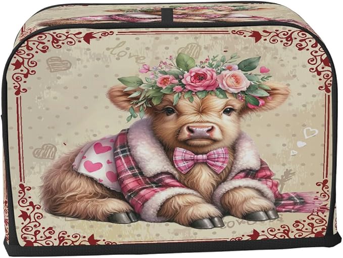 Valentine Day Highland Cow Toaster Cover 4 Slice Dust and Fingerprint Protection Toaster Bread Maker Covers Washable Kitchen Small Appliance Covers for Kitchen Accessories Decor Bakeware Women Gift