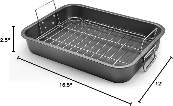 Large Roasting Pan With Rack 12” X 16” - Non Stick Large Roaster Pan and Flat Rack With Foldable Handles - Roasting Pans for Ovens to Elevate Food for Even Heating - Dishwasher Safe Turkey Roast Pot