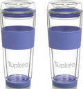 Double Wall All Glass Tumbler - 14-Ounce, Reusable Insulated Tea/Coffee Mug & Lid, Hand Blown Glass Travel Mug - Jacaranda - 2 Pack