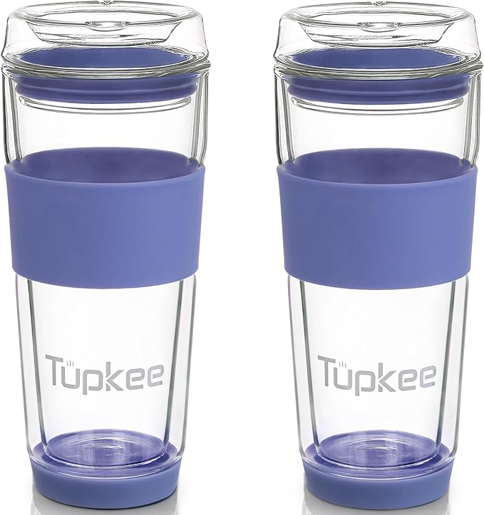 Double Wall All Glass Tumbler - 14-Ounce, Reusable Insulated Tea/Coffee Mug & Lid, Hand Blown Glass Travel Mug - Jacaranda - 2 Pack