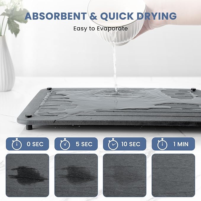 Stone Dish Drying Mats for Kitchen Counter 15.7"x 11.8" Quick Dry Stone Drying Mat Super Absorbent Diatomaceous Earth Drying Mat with 4 Non-Slip Stainless Steel Feet for Dishes&Cups Dark Grey