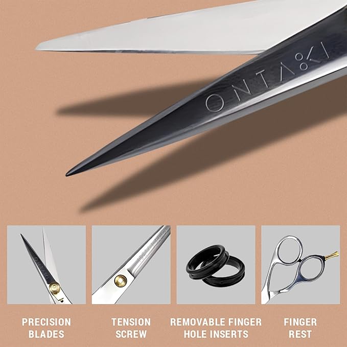 Ontaki Japanese Mustache & Beard Scissors - 5.5" 420C Steel Left Hand - Ergonomic Bent-Handle Hair Shears for Precision - Pro-Grade Blades for Barber Scissors - Beard Trimming Kit with Comb & Pouch