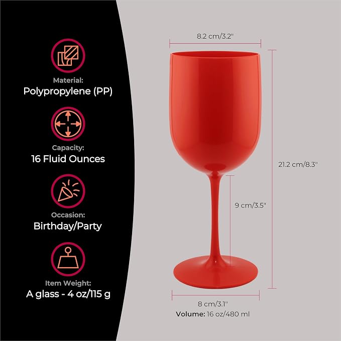 FOX & GRAPES Plastic Stemmed Wine Glasses | Unbreakable/Shatterproof, Reusable, Food Safe, Dishwasher Safe, For Birthday and Party, 16oz (Red, Set of 6)
