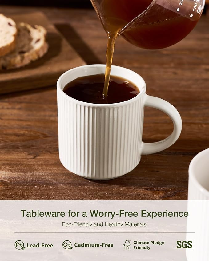 famiware Coffee Mug Set for 6, Star 12 oz Catering Mugs Cup Set with Handle for Coffee, Tea, Cocoa, Milk- Ceramic Stoneware Drinkware Set, Oat