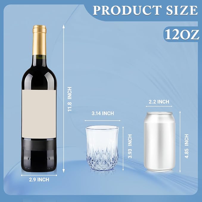 12 Pack Plastic Stemless Wine Glasses,12oz Unbreakable Vintage Elegant Drinking Glass Set,Reusable Fancy Cocktail Cups for Party, Wedding, and Bulk Events (12, 12oz-Blue)