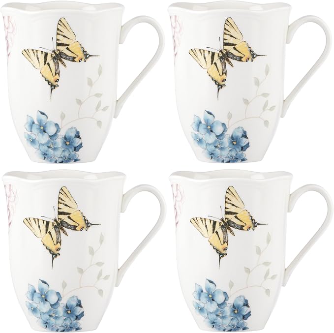 Lenox Butterfly Meadow Hydrangea 4-Piece Porcelain Mug Set, 4 Count (Pack of 1), Multi