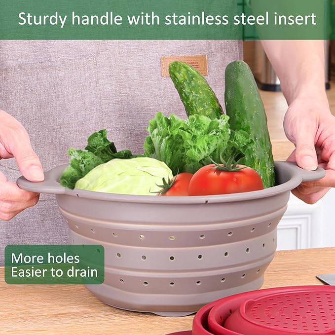 Collapsible Silicone Colander Bowl Set,BPA Free, Heat Resistant, Stainless Steel Nesting, Portable Washing Basket Strainer Drain Basin for Camping, Hiking, Kitchen, Dishwasher Safe (Grey+Green)