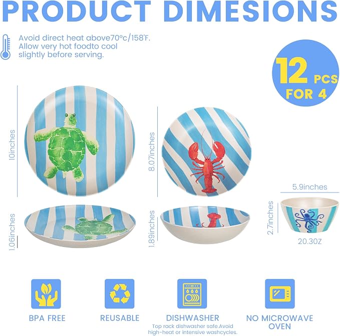 Unbreakable Dinnerware Set for 4 Natul with Blue Stripe Lobster Crab 12 Piece Melamine Wheat Straw BPA Free Lightweight Dishwasher Safe Shatter Resistant for Camping Outdoor RV Party