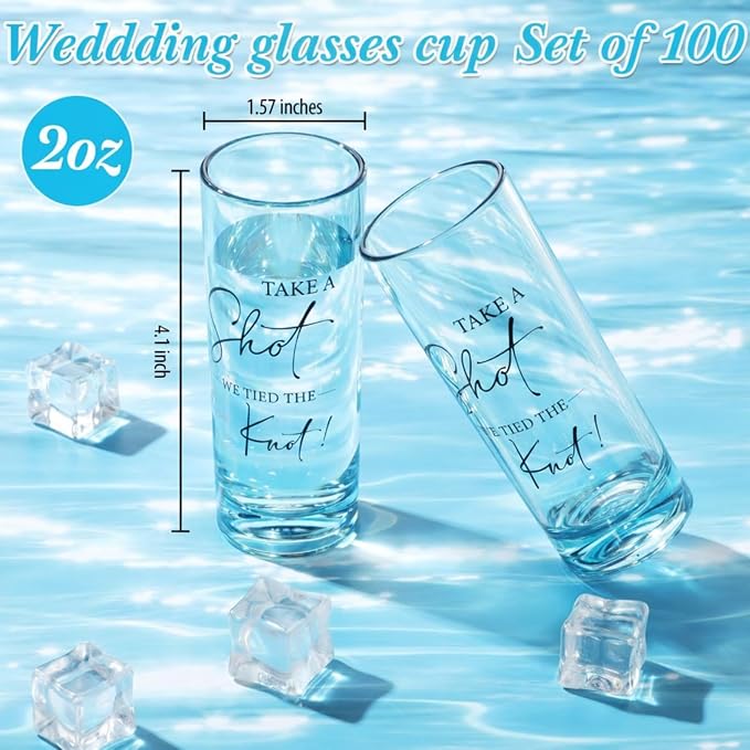 Sliner 100 Set Wedding Favors for Guests Bulk 2oz Acrylic Take a Shot We Tied the Knot Shot Glasses with Thank You Cards Organza Bags for Guest Souvenirs Wedding Newlyweds Bridal Shower Gifts (Blue)