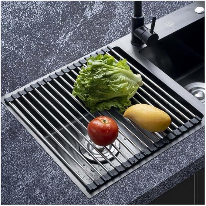 Roll Up Dish Drying, 37-47CM Stainless Steel Over The Sink Dish Drying Rack with Silicone Wrapped Anti-Slip Foldable Multipurpose Dish Drainers(Black,43x35cm/16.9x13.8in)