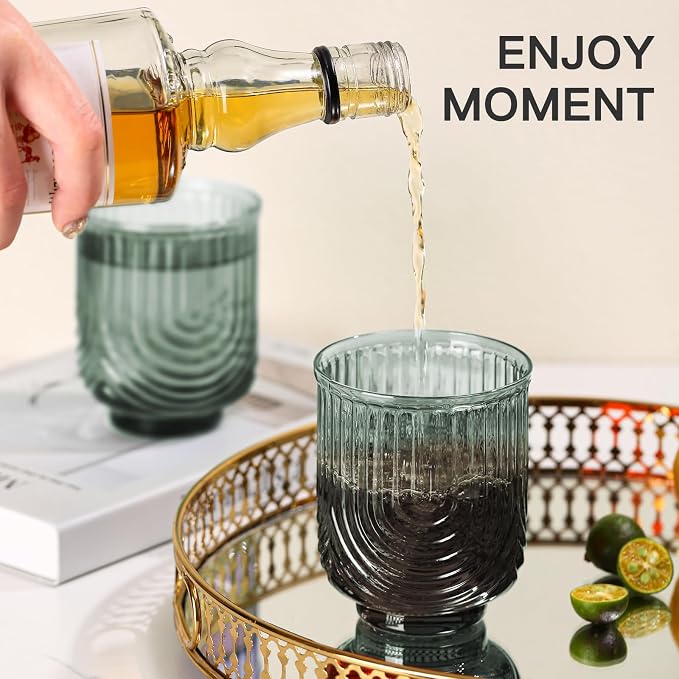 JOVGANK Green Vintage Glassware Set of 6-14Oz Green Water Drinking Glass, Art Deco Ripple Highball Glass, Whiskey Cocktail Glasses, for Bar Ice Coffee Juice, Housewarming Gifts Gift