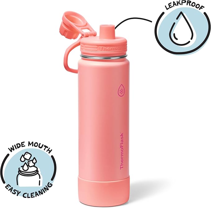 ThermoFlask Insulated Water Bottle with Spout Lid (24 oz, Sunkissed Coral) - Leakproof, Stainless Steel Water Bottle for Cold & Hot Drinks, Travel & Daily Hydration