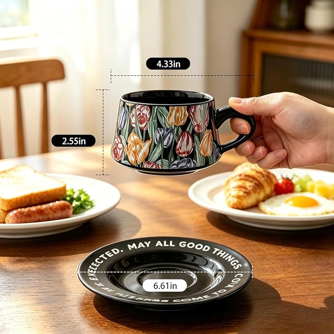 Tea Cup and Saucer Set Floral Design Porcelain Ceramic Coffee Cup Sets with Box Dishwasher Safe Set 9.8 oz Christmas Thanksgiving Gifts