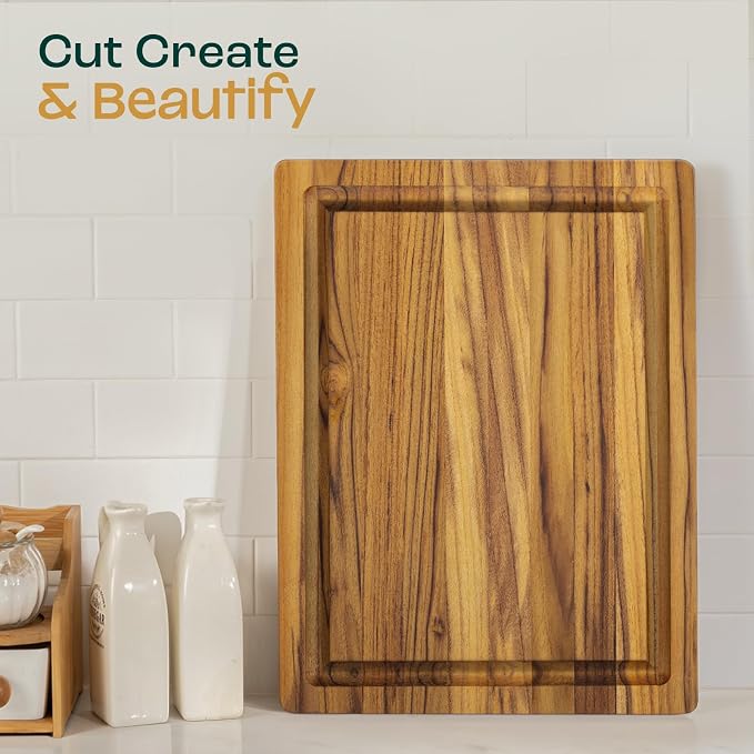 Yes4All Solid Teak Cutting Boards for Kitchen, [17''L x 13''W x 1.5” Thick] Medium Edge Grain Butcher Block Cutting Board, Food Surface Wood Cutting Boards with Juice Grooves and Easy Grip Handle