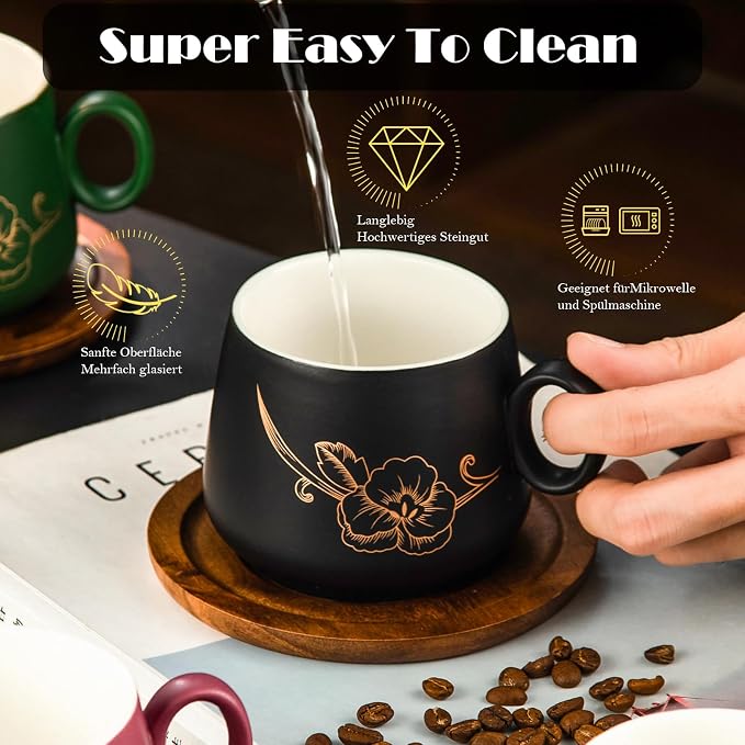 Yundu 10oz Cappuccino Cups & Wooden Saucers Set with Gold Floral Art, Latte Art Cup for Espresso, Coffee & Tea, Modern Matte Ceramic Tea Cup Set of 4