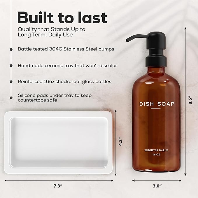 Amber Glass Hand and Dish Soap Dispenser Set by Brighter Barns - Kitchen Soap Dispenser Set with Tray for Kitchen, Airbnb, Vacation Rental or Restaurant - Modern Kitchen Decor & Accessories (Amber)