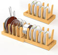 Expandable Bamboo Pot and Pan Organizer Under Cabinet, 2-in-1 Kitchen Pot and Lid Organizer with Adjustable 10 Dividers, Non-Slip Base for Pot Lids Holder, Cutting Board Organizers for Kitchen Storage