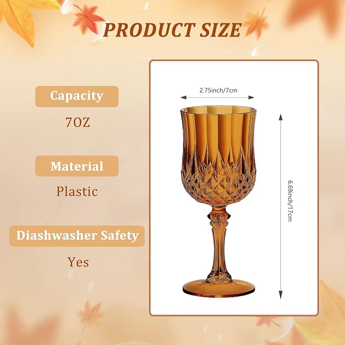 7OZ Plastic Wine Glasses, Reusable Vintage Goblets Unbreakable Drinking Glasses Crystal Water Cups Champagne for Wedding, Parties (100, Amber)