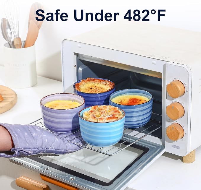 Selamica Ceramic Ramekins with Lids, 10 OZ Creme Brulee Ramekins with Covers Oven Safe, Custard Cups Small Baking Bowls for Souffle, Pudding, Onion Soup, Dips, Set of 6, Gradient Blue