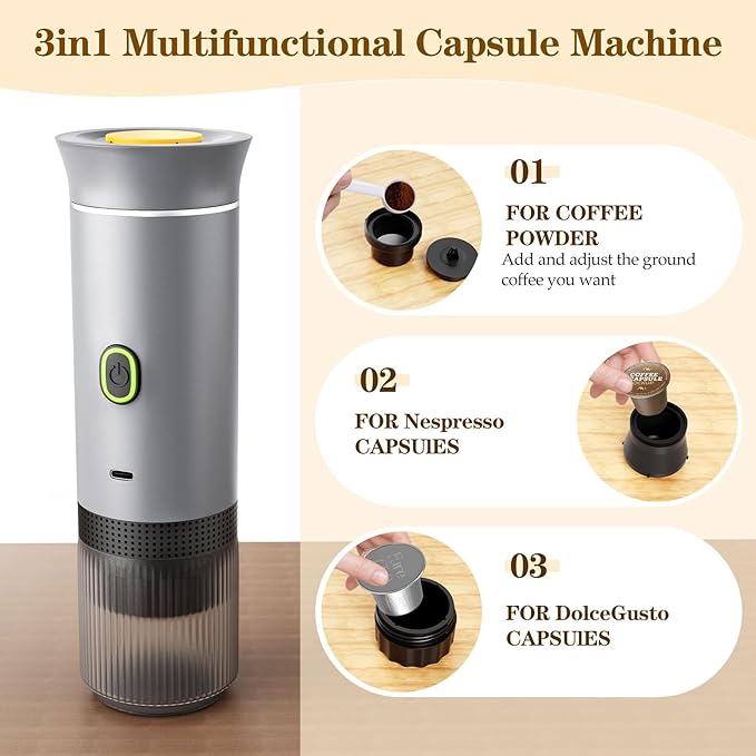 Portable Espresso Maker, Travel Coffee Maker for camping, Portable Espresso Machine with USB-C, 3-in-1 Small Espresso Machine with Ground Coffee & Capsules (NS＆DG) for RV, Hiking (Silver)