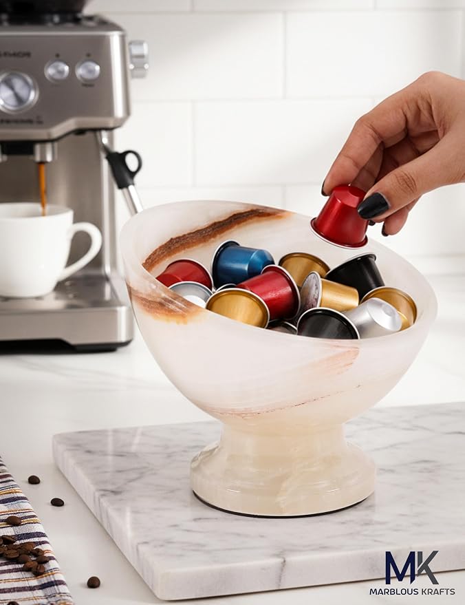 Marblous Krafts White Onyx Marble Coffee Pods Holder for Counter 7 Inch Espresso Accessories Storage Bowl, Pod Organizer, Coffee Bar Decor, Stone Kitchen Countertop Holder & Decorative Bowl for Fruit