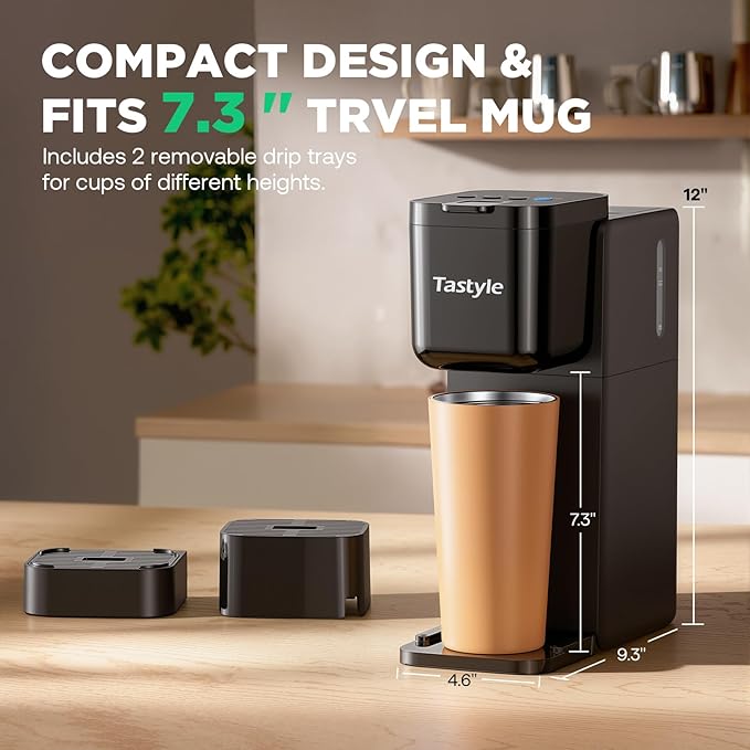 Tastyle Single Serve Coffee Maker for K Cup and Ground Coffee | Brew up to 16 Oz, Fits 7.3'' Travel Mug | Hot, Bold & Over Ice | Compact for Office, RV& Hotel, Classic Black (3.0 Version)
