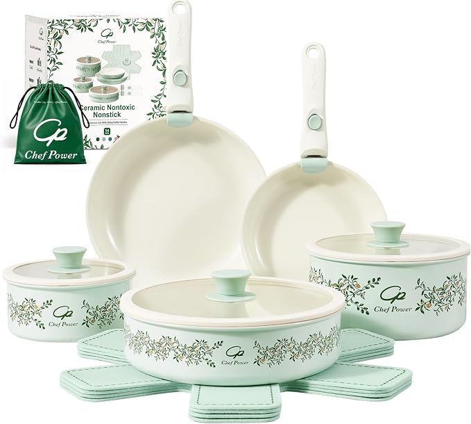 Chef Power Ceramic Cookware Set Non Toxic with Detachable Handles, Healthy Nonstick Decal Pans and Pots Set 14 Pcs, Induction Dishwasher Oven Safe Kitchen Set, Light Green with Olive branch