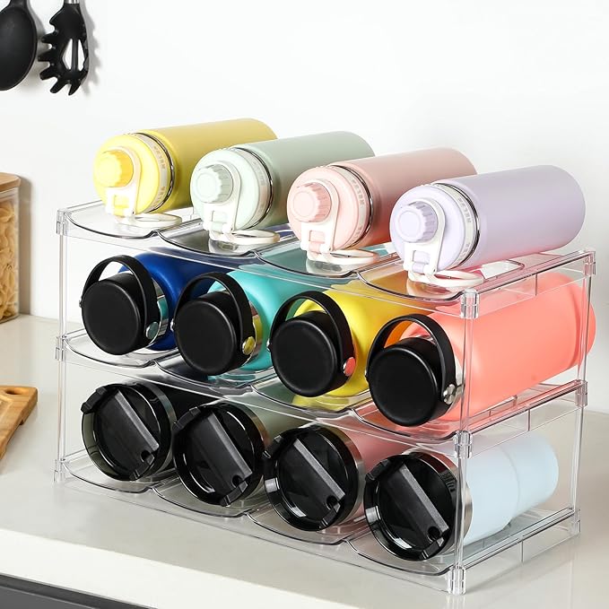 LARGER Compartment - 3 Tier Stackable Water Bottle Organizer Holder - for Stanley 40oz & Others' Large Tumbler - Clear Wine Rack, 12 Cup Bottle Holder for Cabinet Home Countertop Fridge Pantry Shelf