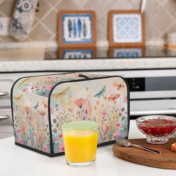Colored Flower Dragonfly 4 Slice Toaster Cover Dust And Fingerprint Bread Maker Cover Bakeware Protector Washable Appliance Covers Kitchen Accessories For Home Kitchen Women Gift