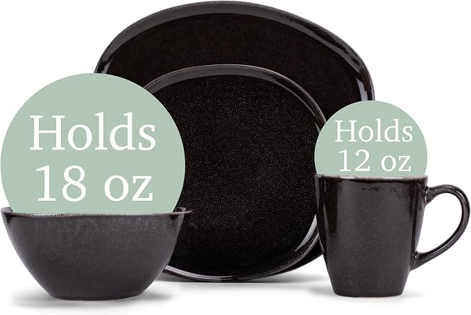 Elanze Designs 16-Piece Modern Luxury Chic Smooth Vintage Handmade Shape High Gloss Ceramic Stoneware Square Plate Mug & Bowl Kitchen Dinnerware 16 Piece Set - Service for 4, Black