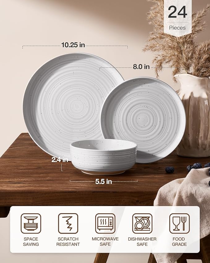 24-Piece Reactive Glaze Stoneware Dinnerware Sets for 8 - Coupe Plates & Bowls with Speckles & Spirals - Chip & Scratch Resistant Dishes, Microwave & Dishwasher Safe - Gift Box, White
