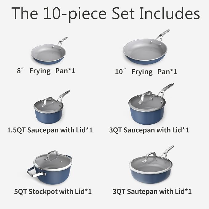 10-Piece Blue Ceramic Nonstick Cookware Set, Pots and Pans with Glass Lids & Anti-Scald Handles, Non-Toxic PFAS Free, Dishwasher & Oven Safe up to 480°F, Induction & All Stoves Ready
