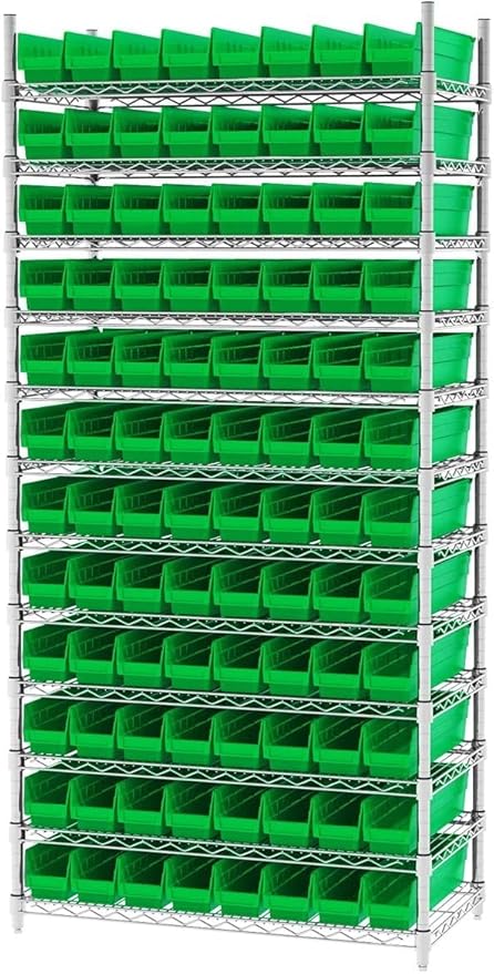 Akro-Mils 30128 Plastic Shelf Bins, Heavy Duty Storage Bins for Garage, Closet, and Drawer Organization, 18-Inch x 4-Inch x 4-Inch, Green, 12-Pack