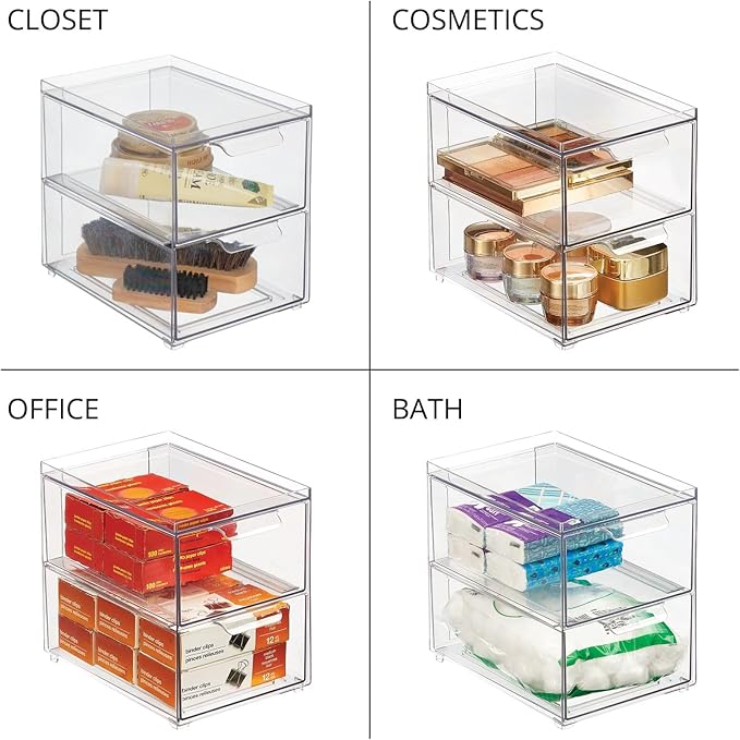 mDesign Stackable Storage Containers Box with 2 Pull-Out Drawers - Stacking Plastic Drawer Bins for Master or Guest Bathroom, Linen Closet, Vanity, Makeup Table Lumiere Collection 4 Pack, Clear