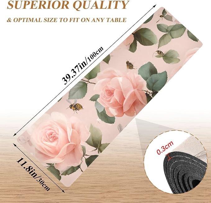 Pastel Pink Rose and Honeybees Trivet Table Runner Heat Resistant 230F for Hot Dishes Pots Plates Kitchen Dining Table Protector Decorative 39.37 X 11.8 Inch