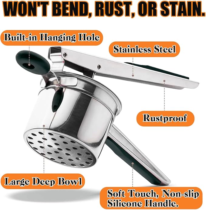 Large 15oz Potato Ricer, Stainless Steel Potato Masher and Ricer Kitchen Tool, Heavy Duty and Durable for Effortless Mashing - with Spoon and Fork Set