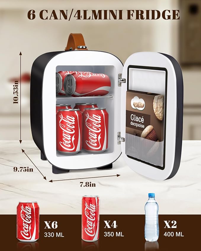 FANSEXPERT Mini Fridge for Bedroom, 4 Liter/6 Cans Skin Care Fridge Small Refrigerator, AC/DC Portable Mini Cooler & Warmer, Small Cosmetic Fridge for Camping, Dorm, Office, Car (Black)