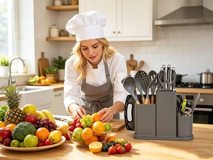 Kitchen Utensils and Knives Set, 20PCS Knife and Cooking Spoon Tools Set with Storage Holder, Sharp Stainless Steel Knife Sets with Bread, Chef Knife Cutting Board (Grey)