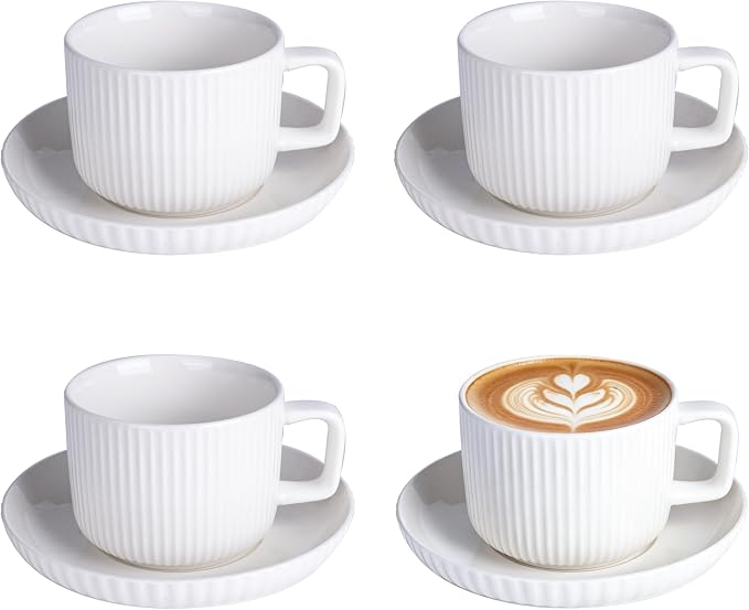 8oz Cappuccino Cups With Saucers - Set Of 4 Latte Mugs With Saucers - White Cream Ceramic Coffee Mugs For Latte, Au Lait, Flat White, Mocha, Tea, Embossed Coffee Cups