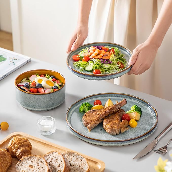 vancasso ONION Ceramic Plates and Bowls Sets, 12 Pieces Light Blue Dinnerware Sets for Kitchen, Reactive Glaze Dishes Set for 4, Dishwasher and Microwave Safe