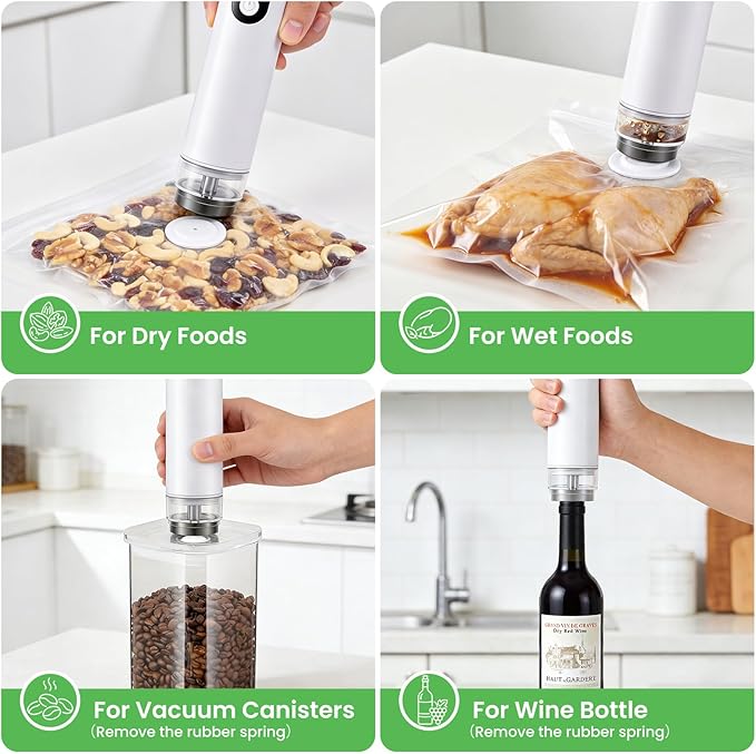 Compact Vacuum Sealer Machine 1500mAh Battery, Handheld Food Sealer with 30 Reusable Bags, 60kPa Suction & USB-C Charging, Portable Vacuum Sealer for Dry/Moist/Canister/Wine