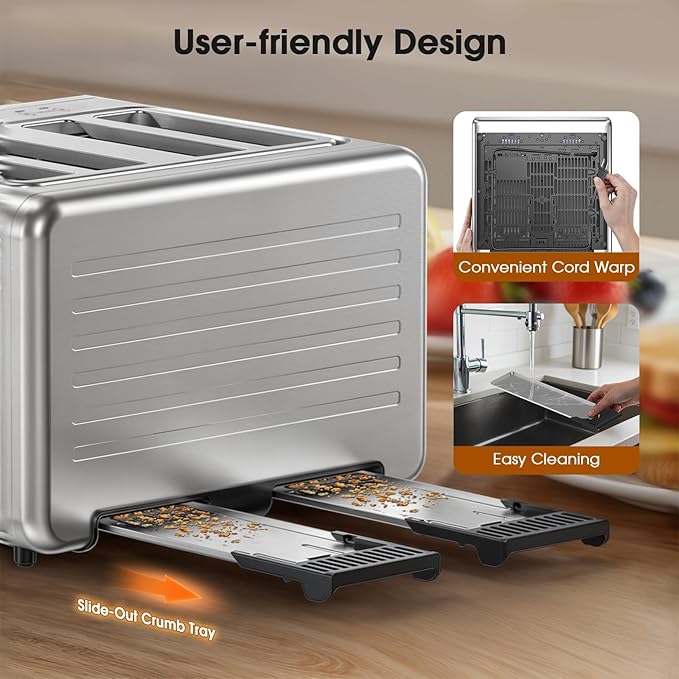 Touch Screen Toaster 4 Slice, DualZone Control, 6 Browning Levels & Toast Types,Single-Slice Mode, Stainless Steel, Removable Crumb Tray
