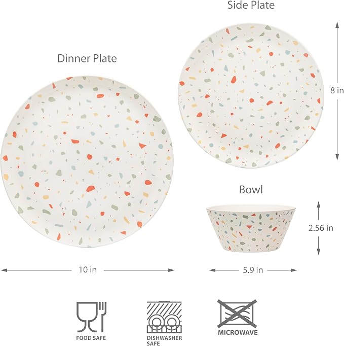 Bzyoo 12-Piece Melamine Dinnerware Set - White Confetti | Lightweight, Durable, BPA-Free | Dishwasher Safe Dish Set for Indoor & Outdoor Use - Perfect for Camping, BBQs, Kids Parties
