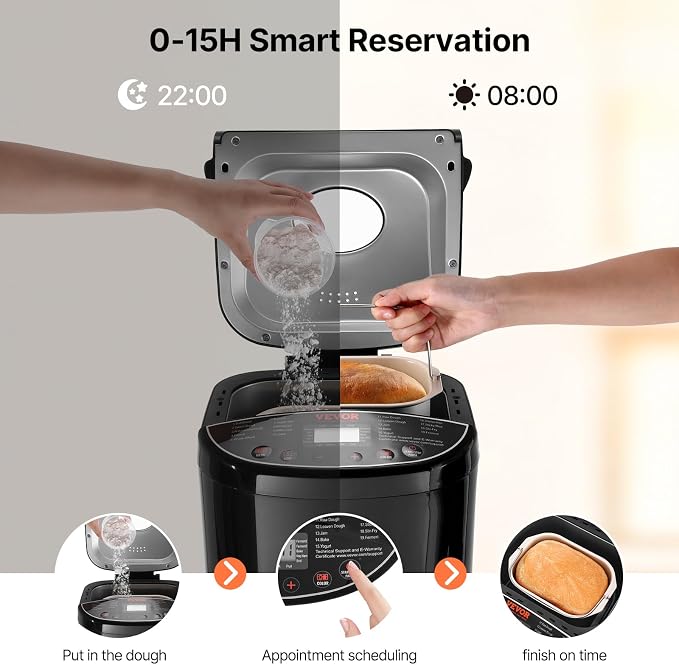 VEVOR Bread Maker, 19-in-1 2LB Dough Machine, Nonstick Ceramic Pan Automatic Breadmaker with Gluten Free Setting, Whole Wheat Bread Making, Digital, Programmable, 3 Loaf Sizes, 3 Crust Colors