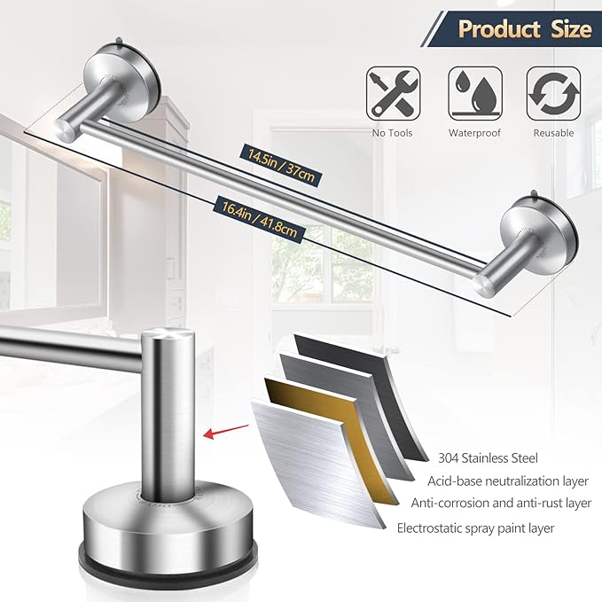 DGYB 17-Inch Brush Suction Cup Towel Bar – No-Drill Wall-Mounted Bathroom & Kitchen Towel Holder, Stainless Steel, Rust-Resistant, Easy Install